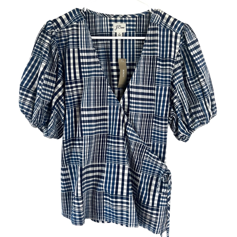 J. Crew Blue and White Plaid Short Sleeve Wrap Blouse